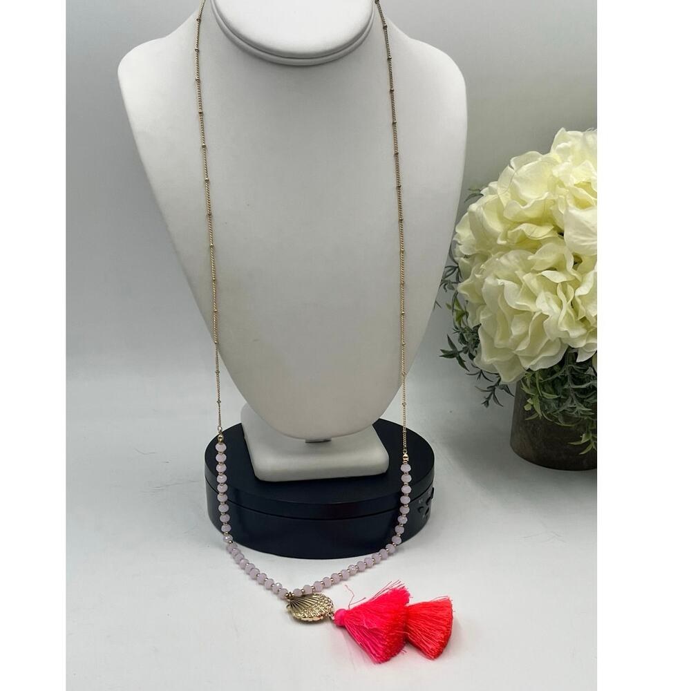 Lilly Pulitzer Gold Pave Shell Pink Beaded Vibrant Bright Tassel‎ Long Necklace